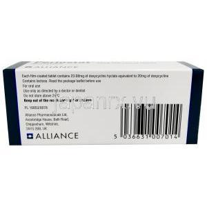 ペリオスタット, ドキシサイクリン 20mg, 56錠, 製造元：Alliance Pharmaceuticals Ltd, 箱情報, 保管方法, 製造元