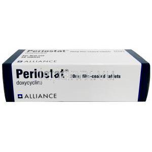 ペリオスタット, ドキシサイクリン 20mg, 56錠, 製造元：Alliance Pharmaceuticals Ltd, 箱底面