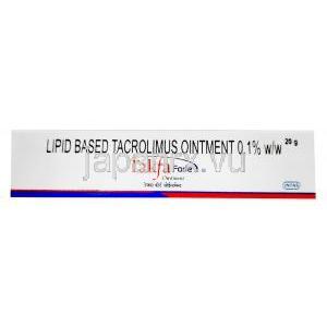 タクファフォルテ 軟膏, タクロリムス 0.1%w/w, 軟膏 20g,製造元： Intas Pharmaceuticals, 箱表面