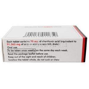アレンドロン酸 70mg, 製造元：Milpharm Ltd,箱情報, 使用方法, 成分