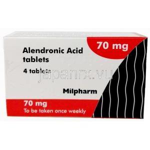 アレンドロン酸 70mg, 製造元：Milpharm Ltd,箱表面