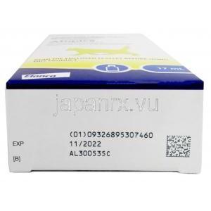アトピカ 内服液 猫用, シクロスポリン  1mLあたり100mg, 猫用内服液  17ml, 製造元：Elanco Animal Health, 箱底面