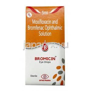 ブロミシン 点眼薬, ブロムフェナク 0.09% w/v/ モキシフロキサシン 0.5% w/v, 点眼薬 5mL, 製造元：Optho Pharma Pvt Ltd,箱表面