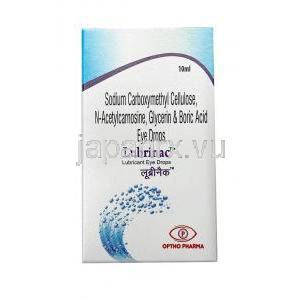 ルブリナック点眼薬, カルボキシメチルセルロース 3mg/mL / グリセリン 10mg/mL / N-アセチルカルノシン 10mg/mL, 点眼薬 10mL, 製造元：Optho Pharma Pvt Ltd, 箱表面