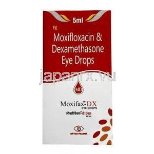 モキシファックス DX 点眼薬,モキシフロキサシン 5mg/ デキサメタゾン 1mg, 点眼薬 5mL, 製造元：Optho Pharma Pvt Ltd, 箱表面
