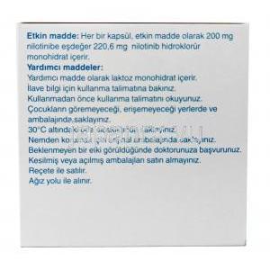 タシグナ, ニロチニブ 200mg, 28カプセル, 製造元：Novartis Turkey,箱情報, 成分（トルコ製）