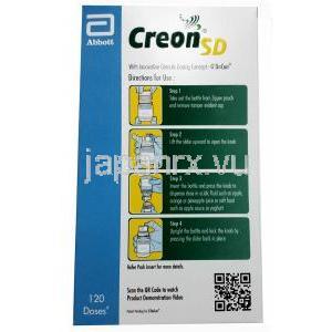 クレオン SD 顆粒,パンクレアチン 150 mg, 30g (120 回分), 製造元：Abbott, 箱情報, 使用方法