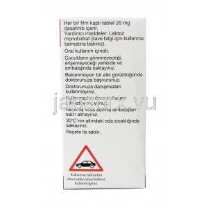 スプリセル,ダサチニブ20mg, 60錠, 製造元：Bristol Myers, 箱情報, 成分