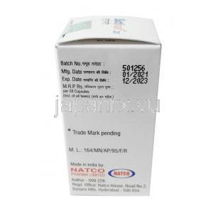 スチナット 25, スニチニブ25mg, 28カプセル, 製造元：Natco Pharma Ltd, 箱情報, 製造日, 消費期限, 製造元