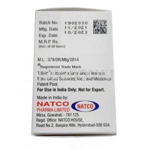 タフナット,  テノホビル 25 mg, 30 錠, 製造元：Natco Pharma, 箱情報, 製造日, 消費期限