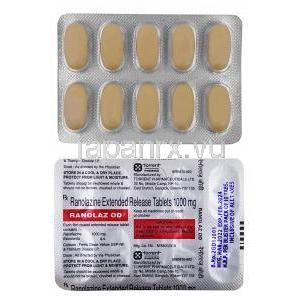 ラノラズ OD, ラノラジン 1000 mg, 製造元：Torrent Pharma, シート表面、シート裏面