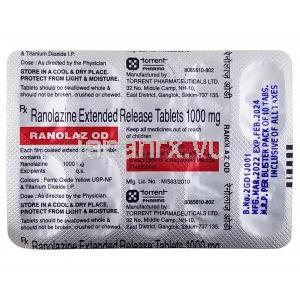 ラノラズ OD, ラノラジン 1000 mg, 製造元：Torrent Pharma, シート表面