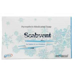 スカベント 固形石鹼, ペルメトリン 1%, 固形石鹼 75g, 製造元：Zee Laboratories Ltd, 箱表面