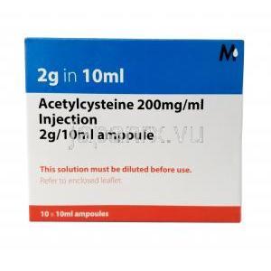 アセチルシステイン注射液, １ｍLあたりアセチルシステイン ,アンプル 10mL, 製造元：Mucomyst, 箱表面