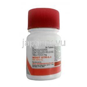 モニット GTN, ニトログリセリン 6.4mg, 製造元：Intas Pharma, ボトル表面