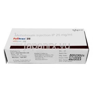 フォリトラックス 注射, メトトレキサート  1mLあたり25mg, 1mL アンプル, 製造元：Ipca Laboratories, 箱情報, 製造日, 消費期限