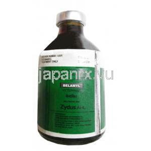 ベラミル 動物用注射,(1ml あたり) チアミン塩酸塩 10 mg/ リボフラビン 3 mg/ ナイアシンアミド100 mg/ ビタミンB12 10 mcg/ 肝臓エキス 0.66 ml, 製造元： Zydus Animal Health,ボトル情報-2