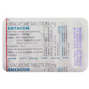 エンタカポン(コムタンジェネリック), Entacom, 200mg 錠 (Torrent) 包装裏面