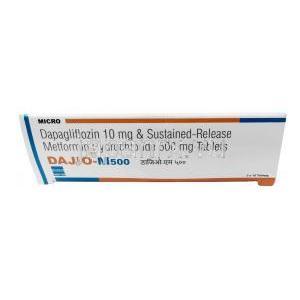 ダジオ M, ダパグリフロジン 10mg/ メトホルミン 500mg, 製造元：Micro Labs, 箱側面情報