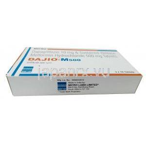 ダジオ M, ダパグリフロジン 10mg/ メトホルミン 500mg, 製造元：Micro Labs, 箱底面