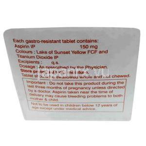 エコスプリン 150,アスピリン 150mg,製造元：USV, 箱情報, 成分