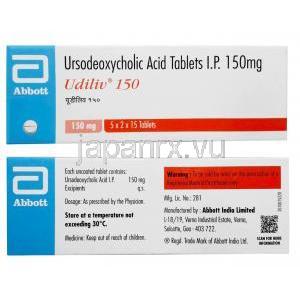 ウディリブ 150, ウルソジオール150mg, 製造元：Abbott India, 箱表面, 箱裏面