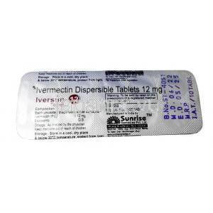 イベルサン 12, イベルメクチン 12mg, 10錠（口腔内崩壊錠）, 製造元：Sunrise remedies,  シート裏面