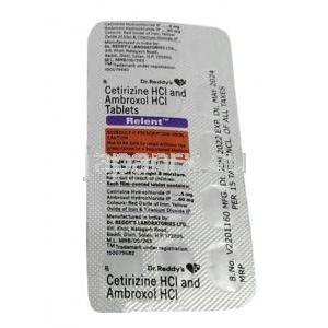 レレント, セチリジン 5mg/ アンブロキソール 60mg, 製造元：Dr Reddy's Laboratories, シート情報