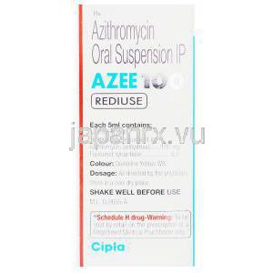 アジスロマイシン, AZEE REDIUSE , 100mg 15ml 内服懸濁液 (Cipla) 箱・成分