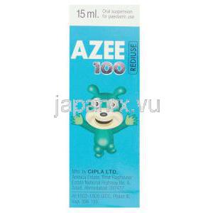 アジスロマイシン, AZEE REDIUSE , 100mg 15ml 内服懸濁液 (Cipla) 箱・製造者情報