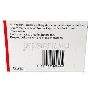 ドロネダロン アリスト400mg, ドロネダロン400mg, 20錠入り, 製造元：Aristo Pharma,箱裏面