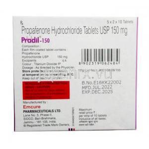 プラディル 150, プロパフェノン 150 mg, 製造元：Emcure Pharma, 箱情報