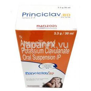 プリンシクラフ BD ドライシロップ,アモキシシリン 200mg/ クラブラン酸 28.5mg, ドライシロップ 30mL, 製造元：Macleods Pharmaceuticals Pvt Ltd, 箱上面