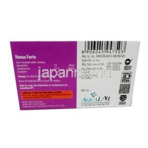 ハバックス フォルテ, アルテメテル 80mg/ ルメファントリン 480mg, 製造元：Aqua Lab, 箱情報
