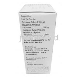 Troyzone TZ Injection,Ceftriaxone 1000 mg / Tazobactum 125 mg,Injection, Troikaa Pharmaceuticals Ltd, Box side view