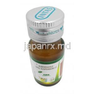 Abd 経口懸濁液, アルベンダゾール 経口懸濁液10mL, 製造元：Intas Pharmaceuticals Ltd, ボトル表面