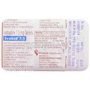イバブラジン（コラランジェネリック）, イバビッド Ivabid 7.5mg 錠 (Primal Healthcare) 包装裏面
