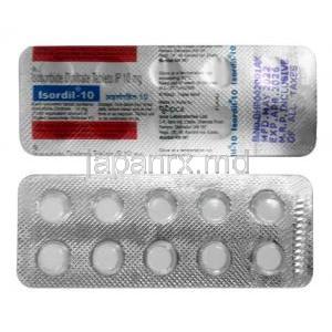 イソルディル-10, 二硝酸イソソルビド 10 mg, 製造元：Ipca Laboratories, シート表面, シート裏面