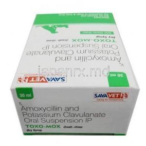 トキソモックス ドライシロップ, アモキシシリン 200mg/ クラブラン酸 28.5 mg, ドライシロップ 30mL, 製造元：Sava Vet, 箱上面