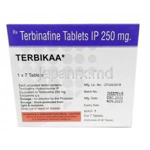 テルビカ,テルビナフィン 250 mg, 製造元：Troikaa Pharmaceuticals Ltd, 箱情報, 成分, 保管方法