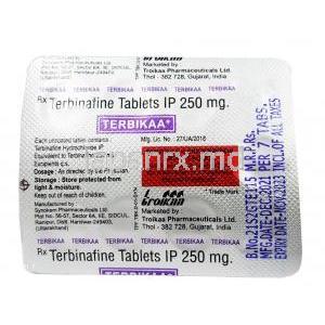 テルビカ,テルビナフィン 250 mg, 製造元：Troikaa Pharmaceuticals Ltd, シート情報
