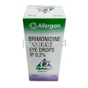 アルファガン点眼薬, ブリモニジン 0.2% w/v, 点眼薬 5mL,製造元： Allergan India Pvt Ltd, 箱表面