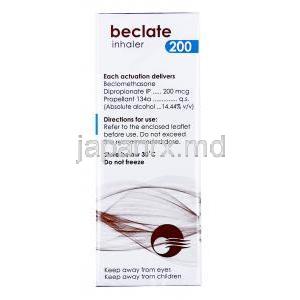 ベクレート  インヘラー,ベクロメタゾン 200mcg, インヘラー200回分(CFC フリー),製造元： Cipla,箱情報, 使用方法