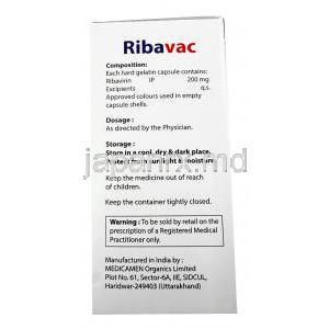 リババック, リバビリン200mg, 140カプセル, 製造元： Medsuvac Lifesciences, 箱情報, 成分