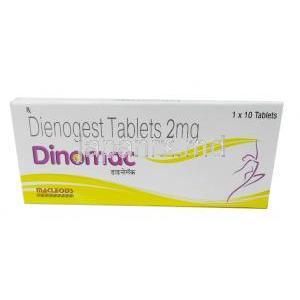 ディノマック, ジエノゲスト 2mg,錠剤,製造元：Macleods Pharmaceuticals Pvt Ltd, 箱表面