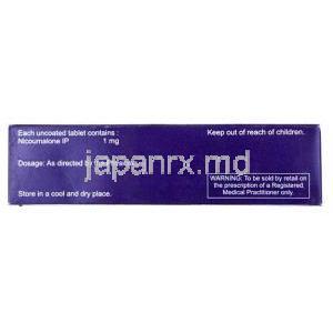 アセノマック, アセノクマロール 1 mg, 製造元：Macleods Pharmaceuticals, 箱側面