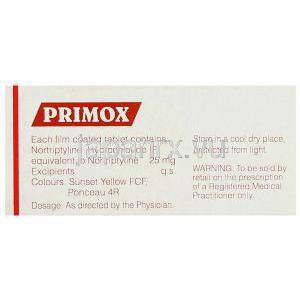 プリモックス Primox, ノリトレン ジェネリック, ノルトリプチリン 25mg 錠 (Sun Pharma) 箱裏面