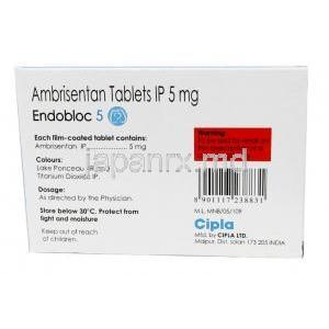 エンドブロック 5, アンブリセンタン 5mg, 製造元：Cipla,箱情報,注意事項, 製造元