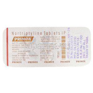 プリモックス Primox, ノリトレン ジェネリック, ノルトリプチリン 25mg 錠 (Sun Pharma) 包装裏面