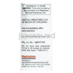 アキュクラフ 静脈注射,アモキシシリン 1000mg/ クラブラン酸 200mg, 製造元：Macleods Pharmaceuticals Pvt Ltd, 箱裏面情報